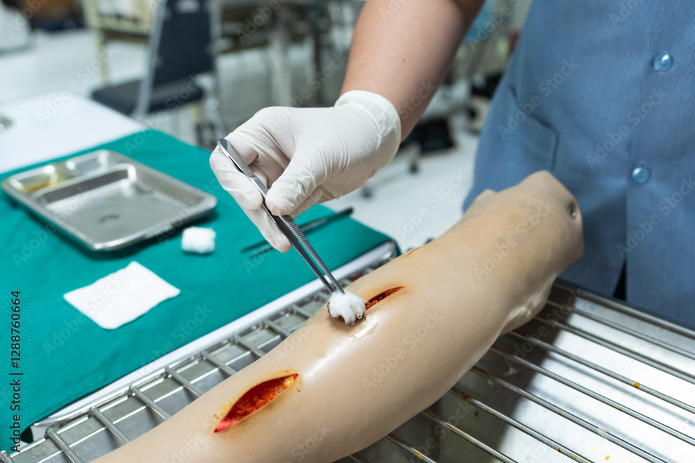 Medical Student Practicing Wound Care on a Training Mannequin Medical Student Practicing Wound Care on a Training Mannequin