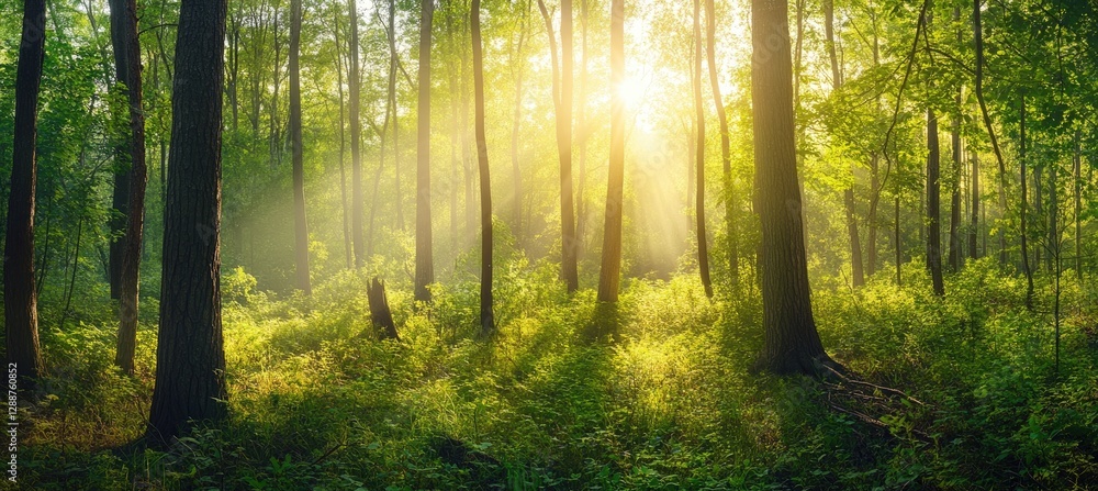 Naklejka premium Sunbeams in a misty forest