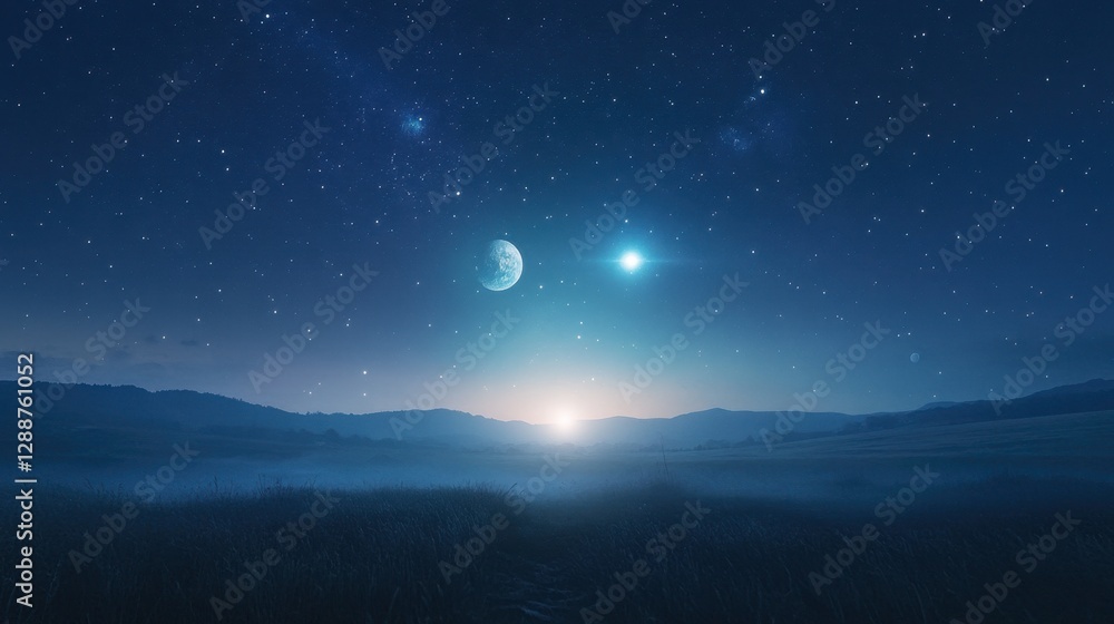Fototapeta premium A quiet countryside night with two planets shining brightly, filling the sky with a mystical glow.
