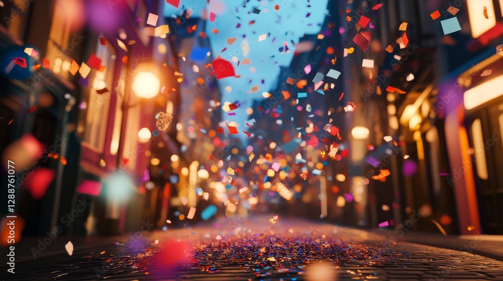 Fototapeta premium Confetti Rain on City Street Festive Celebration, Cityscape, Party