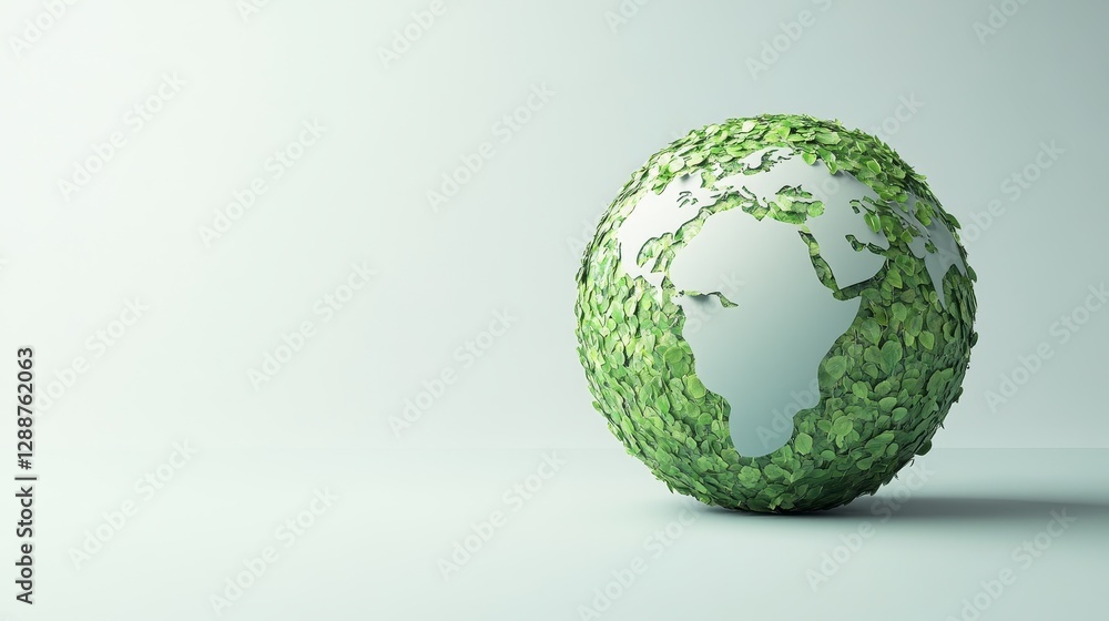Leaf-Covered Globe Green Earth Concept. World Map with Foliage Texture, Ecology , Sustainability Leaf-Covered Globe Green Earth Concept. World Map with Foliage Texture, Ecology , Sustainability