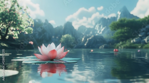Lotus Blossom on Mountain Lake Serene Reflection, Nature, Tranuility photo