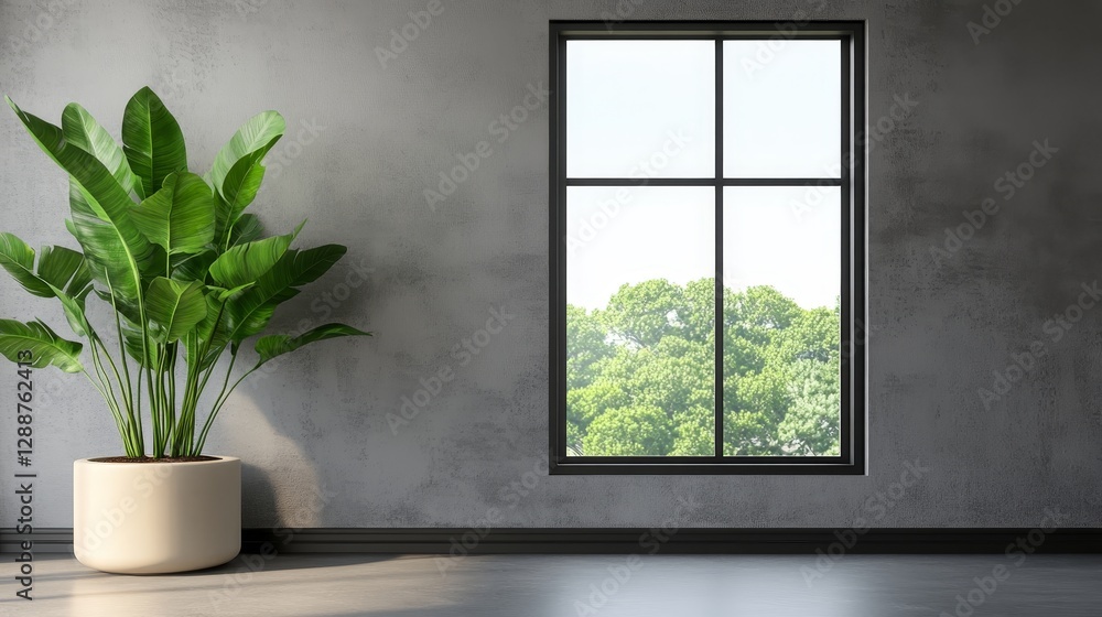 Modern Concrete Interior with Large Plant and Window View, minimalism , interior design Modern Concrete Interior with Large Plant and Window View, minimalism , interior design