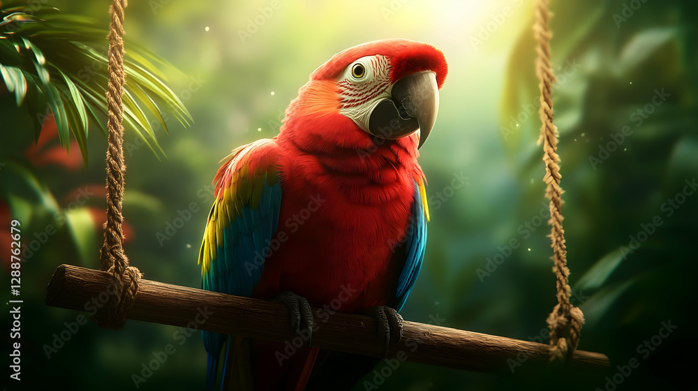 Obraz premium A vibrant scarlet macaw perched on a swing, surrounded by lush rainforest foliage and dappled sunlight.