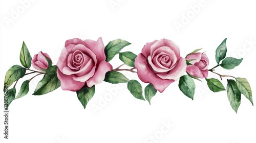 Pink Watercolor Roses Border with Green Leaves,Floral ,Decoration