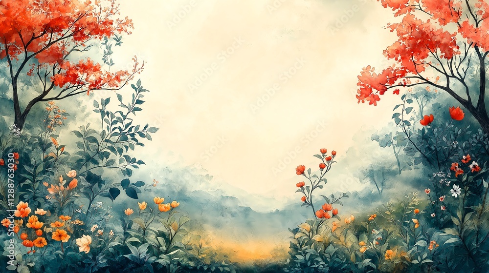 Watercolor Landscape With Autumn Trees And Plants. Illustration On The Theme Of Drawing, Landscapes, Artists And Plants. Generative AI Watercolor Landscape With Autumn Trees And Plants. Illustration On The Theme Of Drawing, Landscapes, Artists And Plants. Generative AI