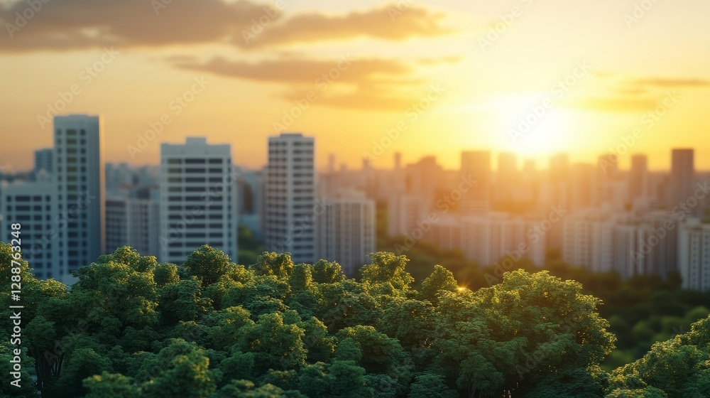 Obraz premium Urban Sunrise Green Trees Silhouette Against City Skyline at Dawn, cityscape , sunrise