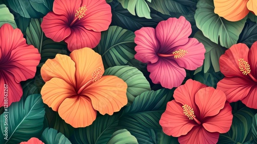 Wallpaper Mural Vibrant Hibiscus Blooms with Lush Greenery, Floral pattern, Tropical flowers Torontodigital.ca
