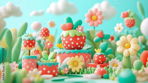 Whimsical Spring Garden: Delightful Landscape of Candy-Colored Floral Scapes, Perfect for a Child's Birthday Party Invitation