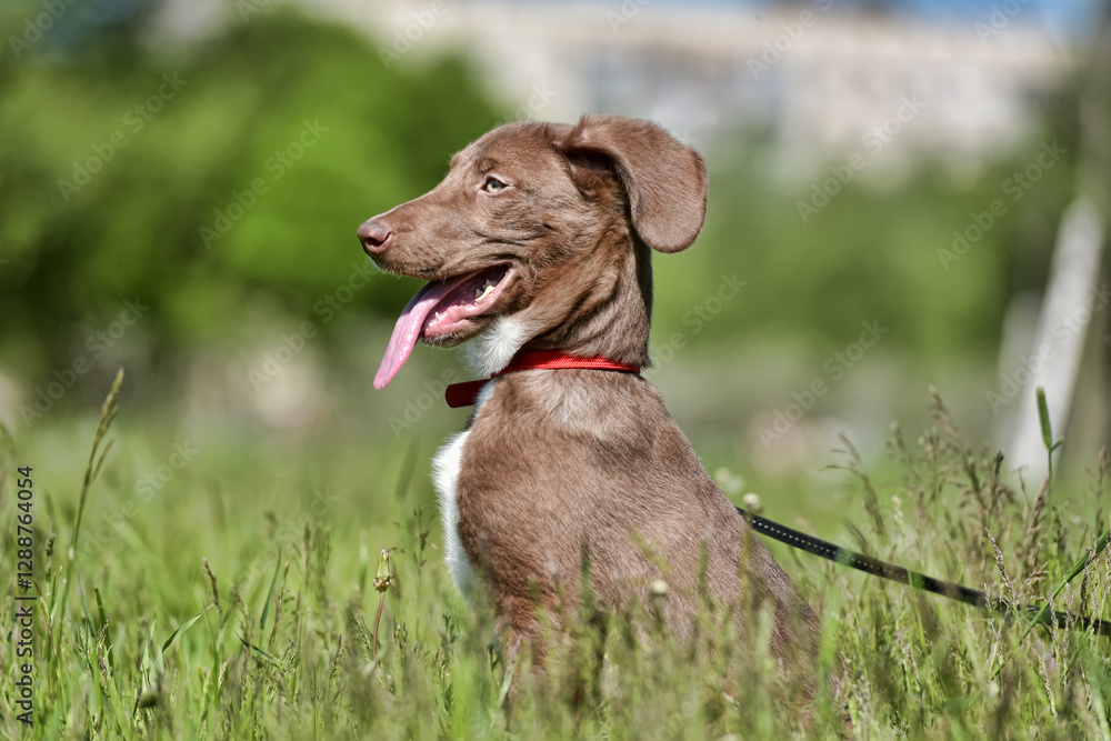 A cheerful, medium-sized dog with a brown and white coat, long ears, and a protruding tongue. A cheerful, medium-sized dog with a brown and white coat, long ears, and a protruding tongue.