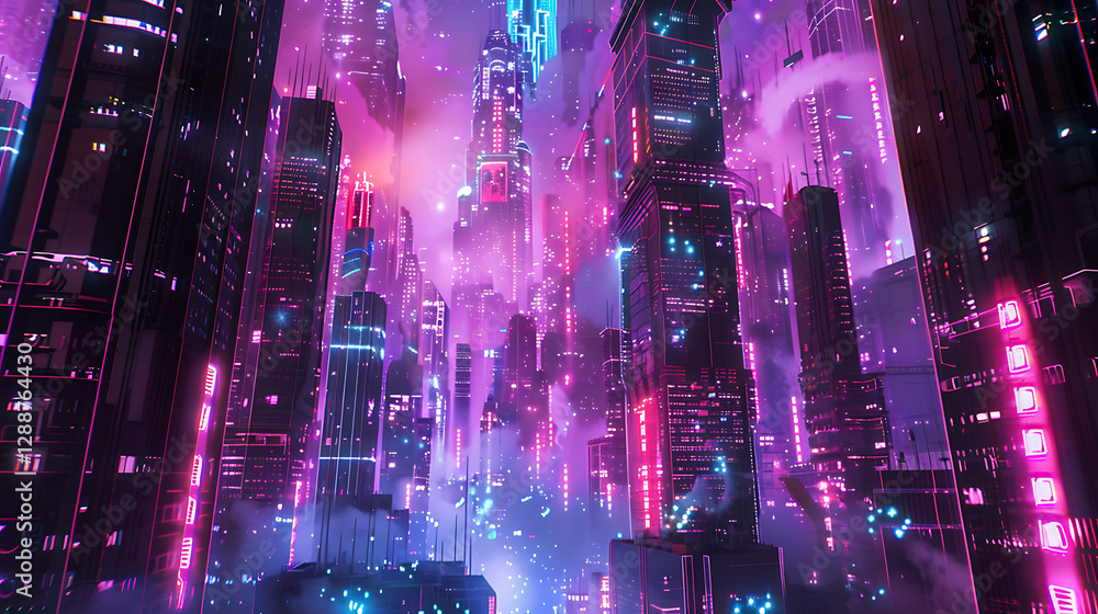 Futuristic cyberpunk city glowing with holographic neon lights Futuristic cyberpunk city glowing with holographic neon lights