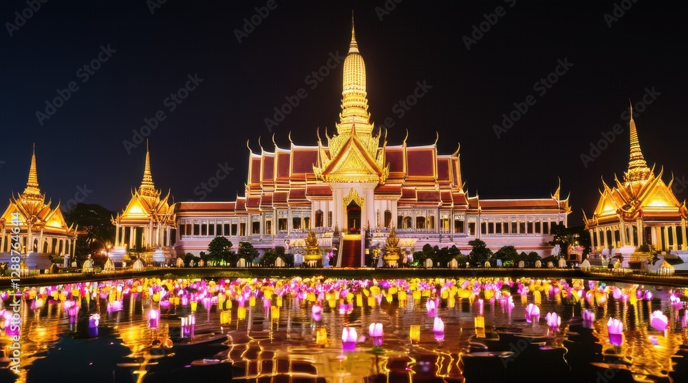 Fototapeta premium Illuminated Temple with Floating Lanterns at Night