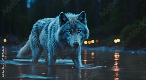 Hyperrealistic Wolf in Glowing Blue Water with Intense Gaze, looping 4k time-lapse virtual video animation Generated AI.