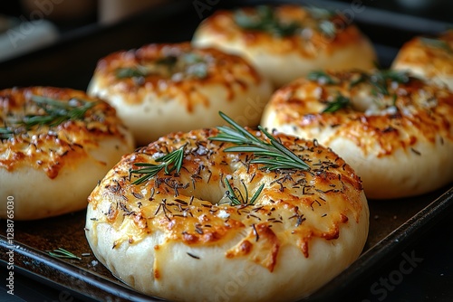 Freshly baked bagels topped with melted cheese and herbs sit on a baking sheet ready to eat Close up image with shallow depth of field