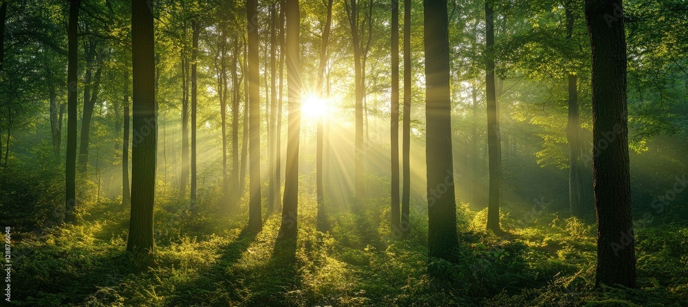 Obraz premium Sunbeams pierce misty forest