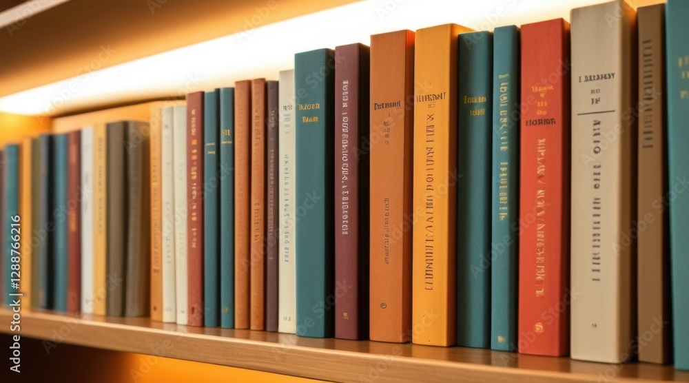 Fototapeta premium Organized Row Of Books On Wooden Shelf