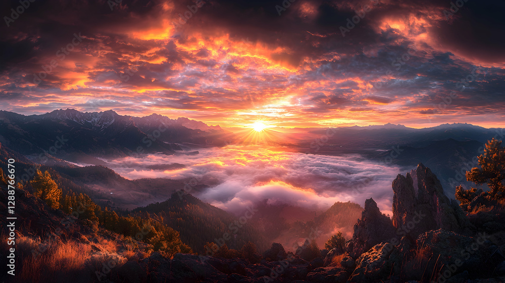 Fototapeta premium Fiery sunset over mountain valley, cloudscape