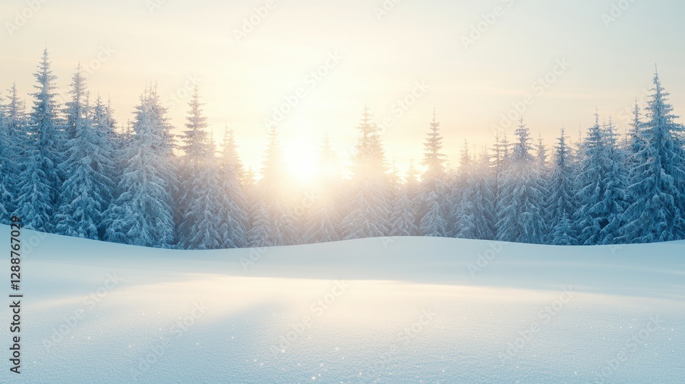 A serene winter landscape featuring snow-covered ground and frosty pine trees under a bright, glowing sun. A serene winter landscape featuring snow-covered ground and frosty pine trees under a bright, glowing sun.