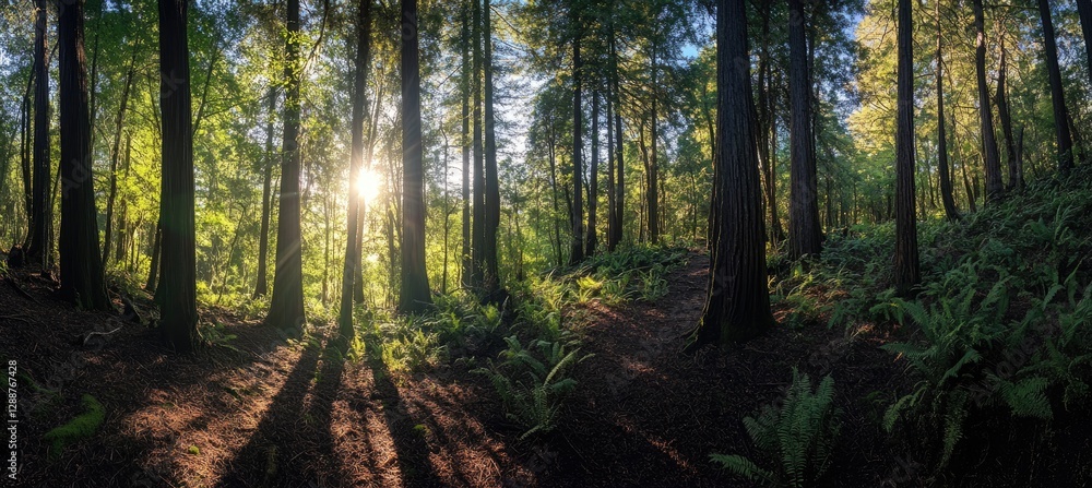 Obraz premium Sunlight filters through redwood forest path