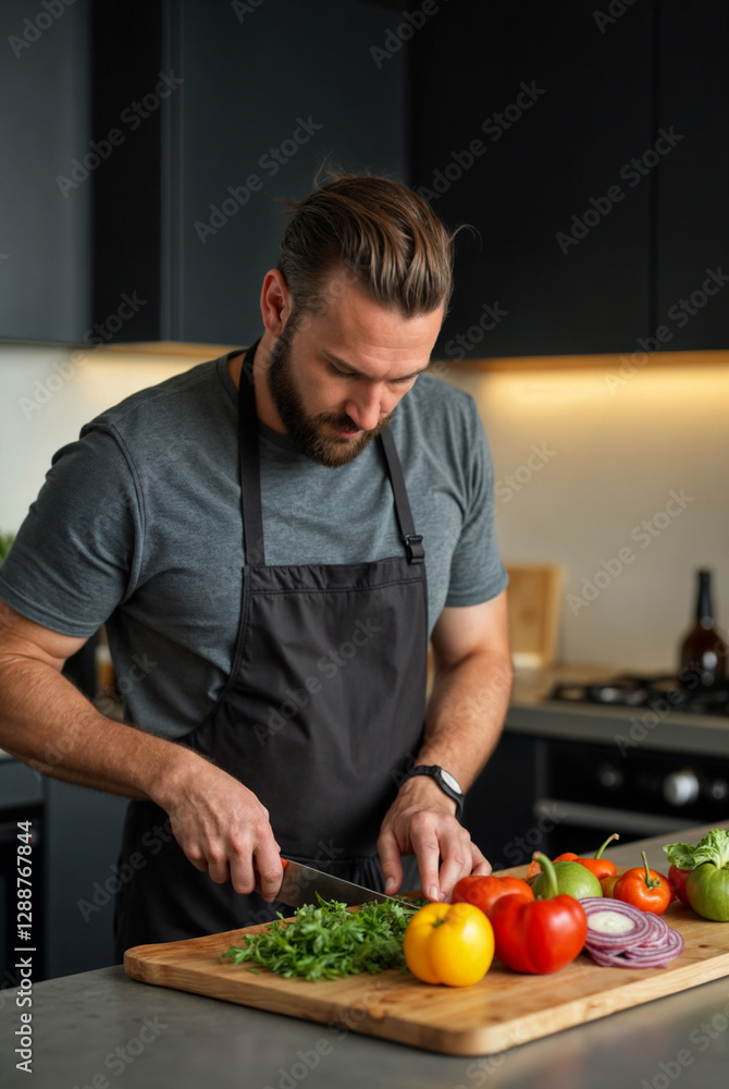 Fototapeta premium Bearded man chopping fresh vegetables.