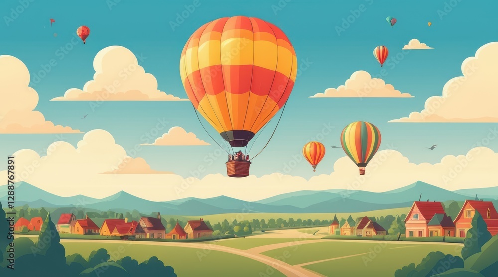 Obraz premium Pixel Art Hot Air Balloons Over a Sunny Village Landscape