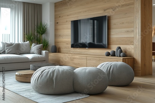Serene living room featuring a cozy sofa soft poufs and a large screen TV against a wood-paneled wall designed for relaxation and entertainment