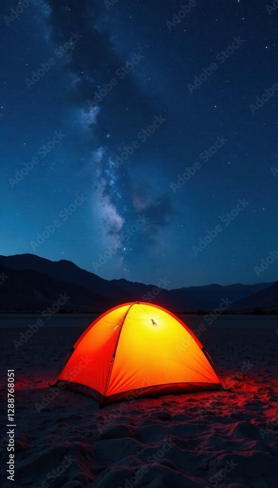 Vibrant orange tent glows against a breathtaking desert night sky Peaceful camping scene , tranquil, stars Vibrant orange tent glows against a breathtaking desert night sky Peaceful camping scene , tranquil, stars