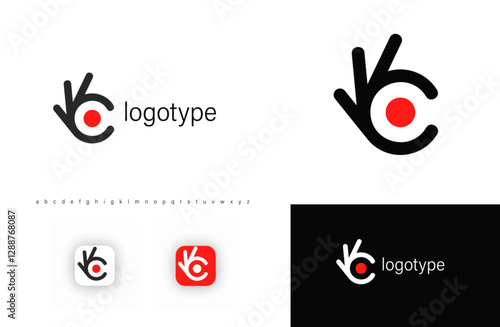 Hand making OK gesture, integrated with red point. Represents good quality for japanese kitchen, good food, sushi and roll restaurant branding. Vector logo