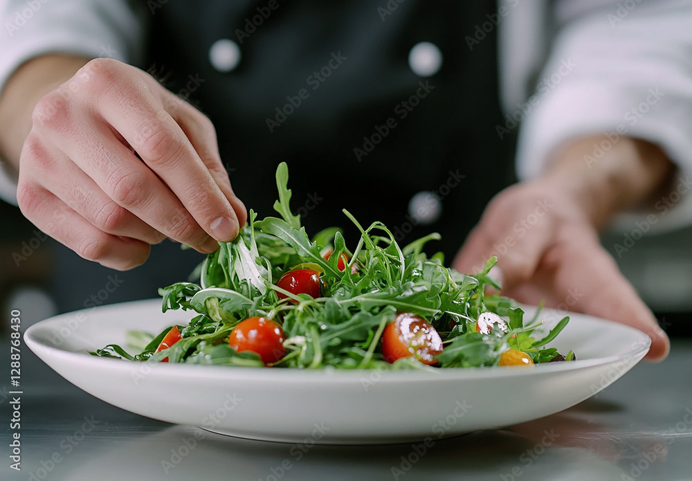 professional chef is plating an exquisite salad in the kitchen of a luxury restaurant professional chef is plating an exquisite salad in the kitchen of a luxury restaurant