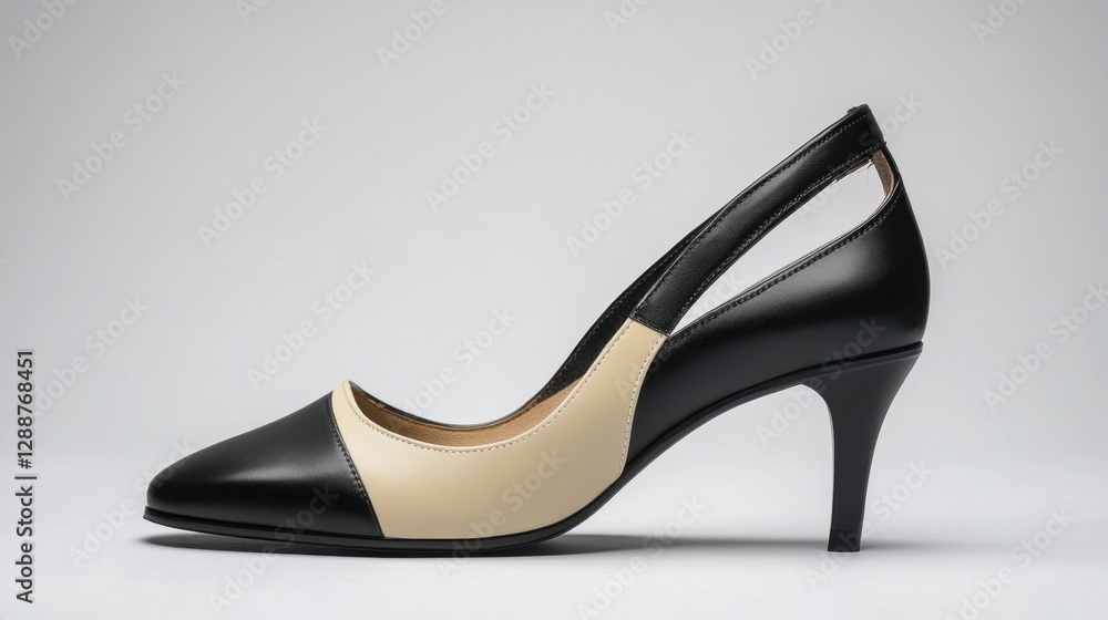A stylish pair of two-toned black and beige high heels with a slingback strap, placed elegantly. A stylish pair of two-toned black and beige high heels with a slingback strap, placed elegantly.