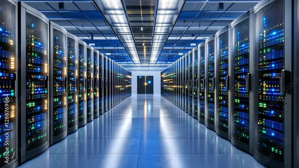 Data Center Interior with Servers and Blue Lighted Racks and Cables Data Center Interior with Servers and Blue Lighted Racks and Cables