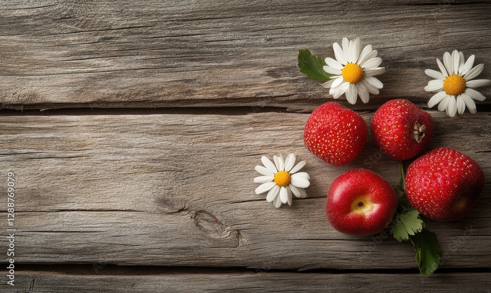 Fototapeta premium Ripe strawberries, peach, daisies on rustic wood table