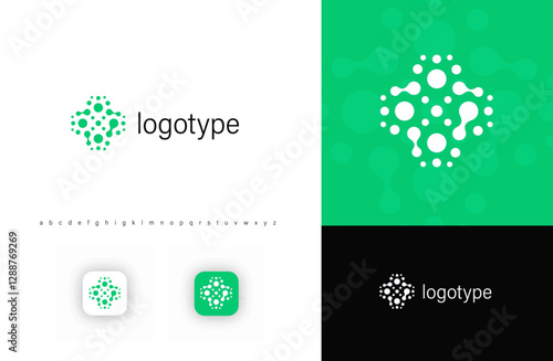 Fusion dots cross logo symbolizing healthcare, medical innovation, biotechnology. Ideal for pharmaceutical companies, laboratories, research institutions. Clean, modern design. Vector logo template