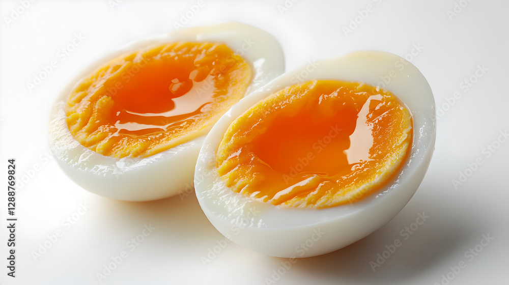Close-up of two halves of boiled eggs with vibrant yolks. Close-up of two halves of boiled eggs with vibrant yolks.