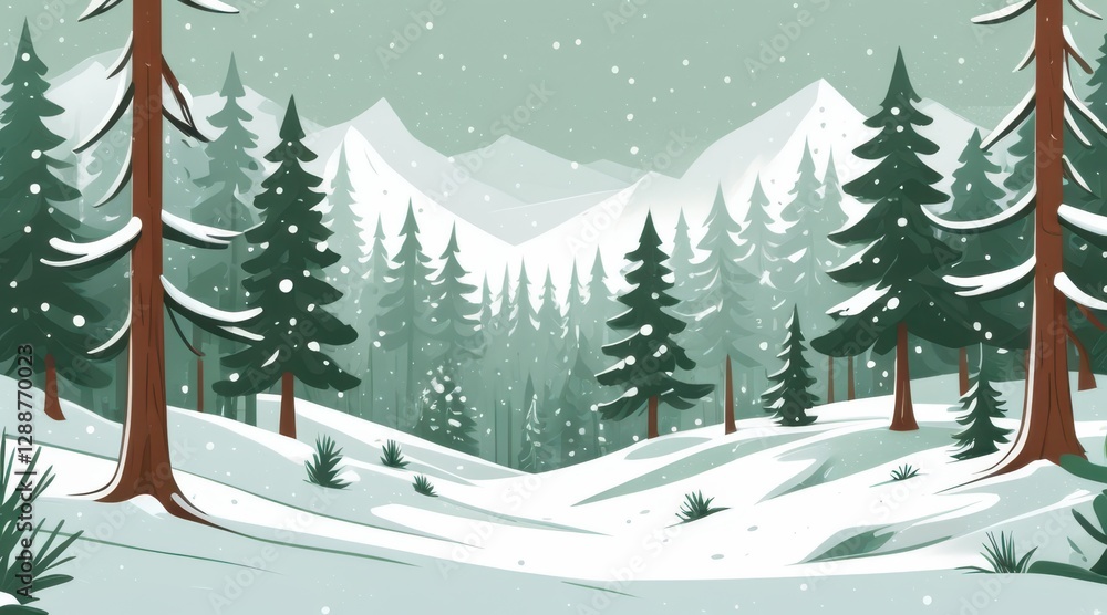 Fototapeta premium Snowy Winter Forest Landscape Pixel Art Illustration