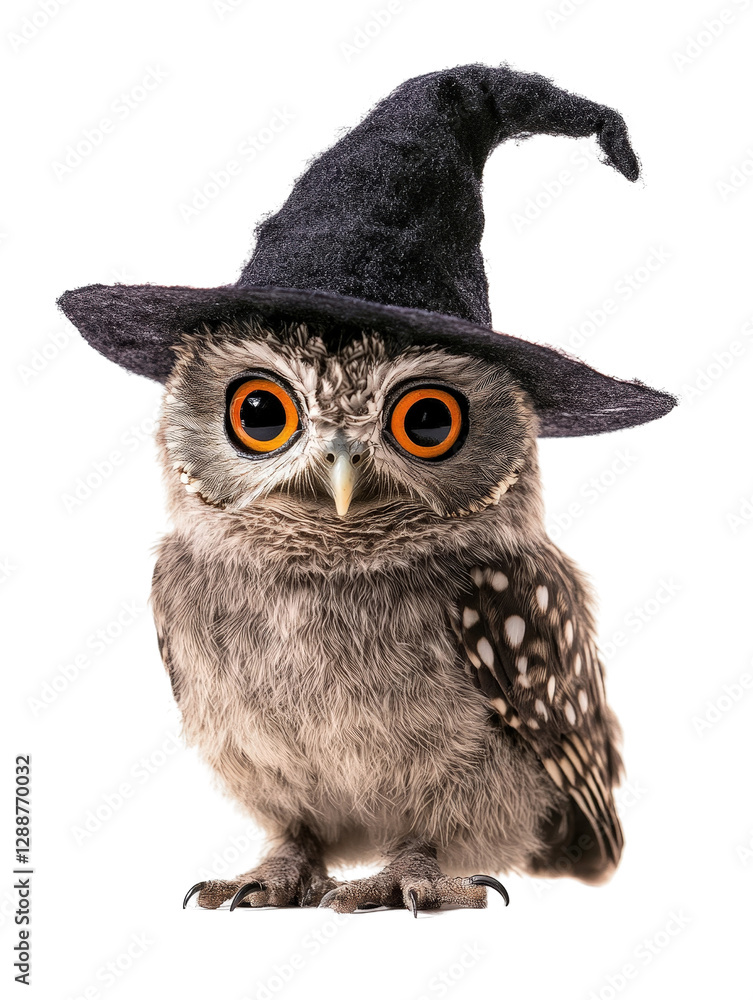 Obraz premium Small owl wearing a witch hat with a whimsical expression in a magical forest setting isolated on transparent background.