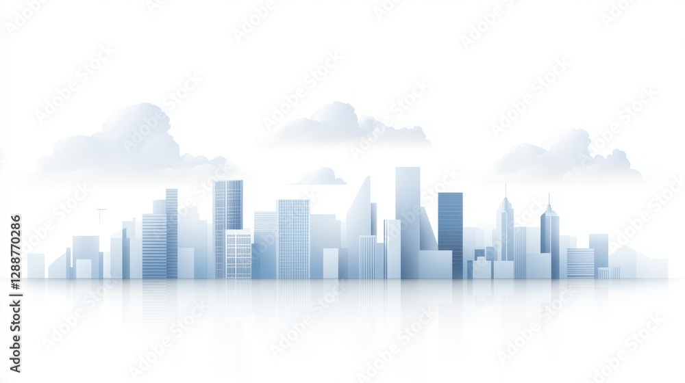 A minimalist skyline in soft blues and whites, featuring modern buildings under a light cloud cover, creating a serene urban atmosphere. A minimalist skyline in soft blues and whites, featuring modern buildings under a light cloud cover, creating a serene urban atmosphere.