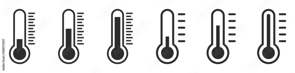 Set of temperature icons. Thermometer showing the temperature, thermometer symbol. Temperature scale, warm, cold, weather. Vector illustration. EPS10.