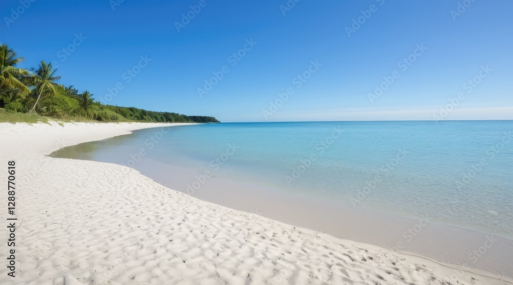 Tranquil White Sand Beach with Turquoise Water and Lush Greenery Tranquil White Sand Beach with Turquoise Water and Lush Greenery