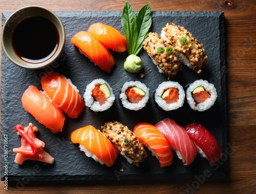 Delicious assorted sushi platter with colorful nigiri, maki rolls, soy sauce, wasabi and gari elegantly arranged on black slate plate