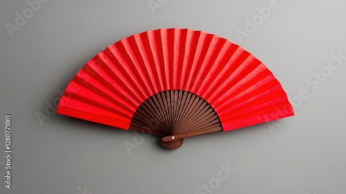 Color hand fan isolated on gray background. Open folding fan for mock-up