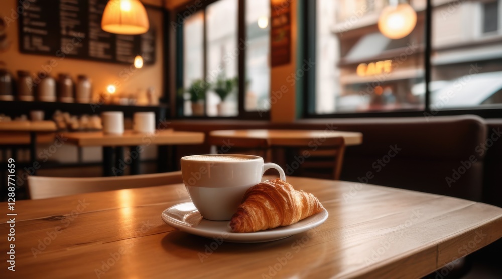 Warm Cappuccino and Croissant on Rustic Wooden Table in Cozy Cafe Warm Cappuccino and Croissant on Rustic Wooden Table in Cozy Cafe