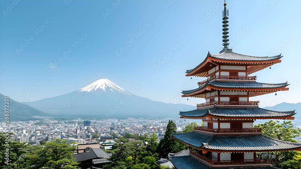Japanese Pagoda and Mount Fuji Panoramic View Japanese Pagoda and Mount Fuji Panoramic View