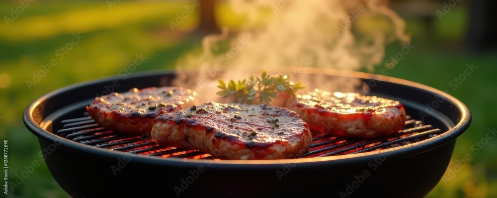 Fototapeta premium Charcoal barbecue with sizzling meat, sunny day, heat, outdoor