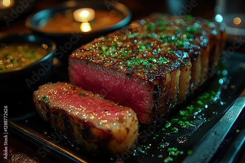 Juicy steak: perfectly cooked tender cut of beef on a dark plate Garnished with herbs and served with delicious sauce Food photography
