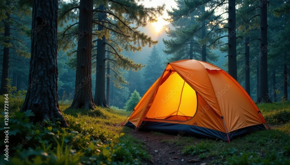 Close-up of a tent nestled amongst towering trees, pine, vacation, tent Close-up of a tent nestled amongst towering trees, pine, vacation, tent