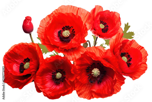 Close view of blooming poppies with a focus on the vibrant red petals and dark centers isolated on white background