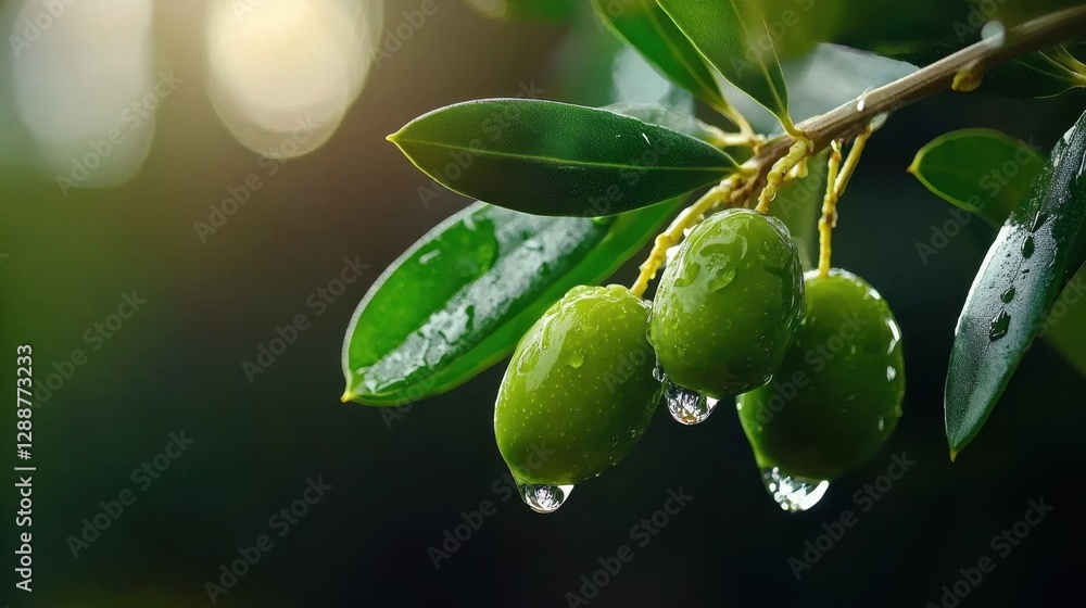Obraz premium Bright green olives hanging from branches with dew glistening under soft natural light in a lush garden setting