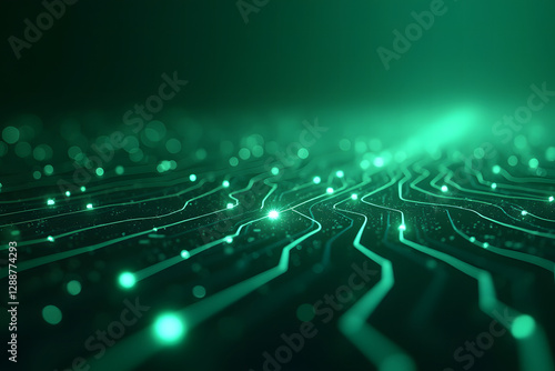 A technological background, the color scheme is predominantly green creating a sense of depth with interconnected lines and nodes, showcasing technology, connectivity, and digital communication.
