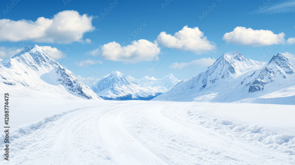 Serene winter landscape with snow-covered mountains and a winding path through the pristine snow. A breathtaking view of nature's beauty. Serene winter landscape with snow-covered mountains and a winding path through the pristine snow. A breathtaking view of nature's beauty.